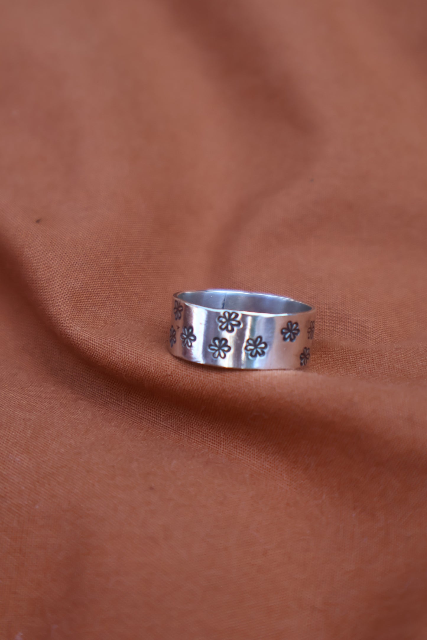 stamped flower sterling silver chunky ring band