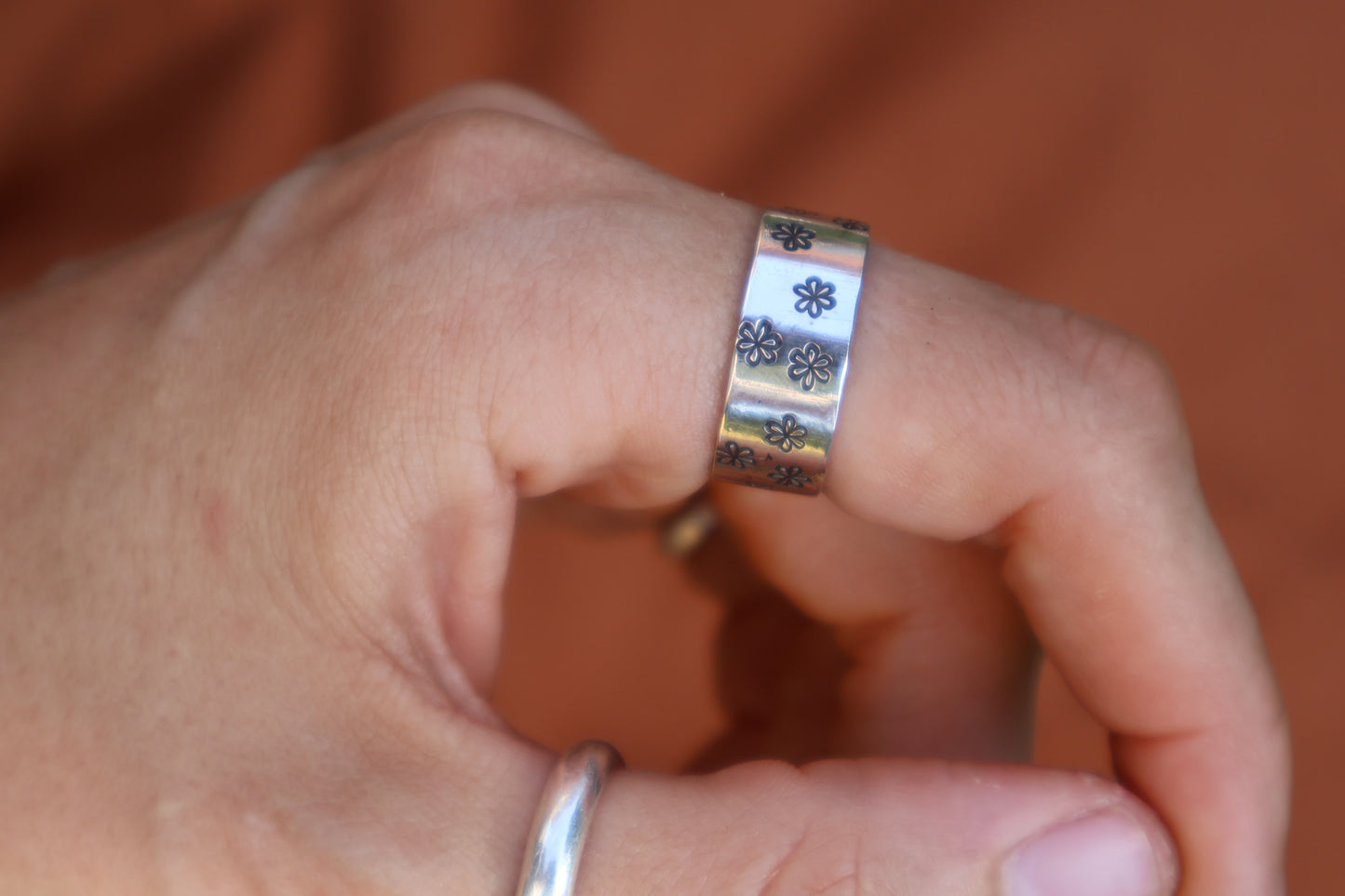 stamped flower sterling silver chunky ring band