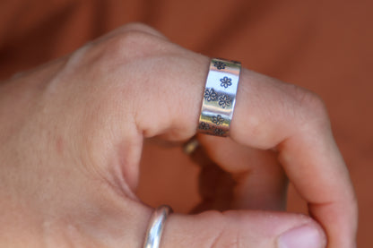 stamped flower sterling silver chunky ring band