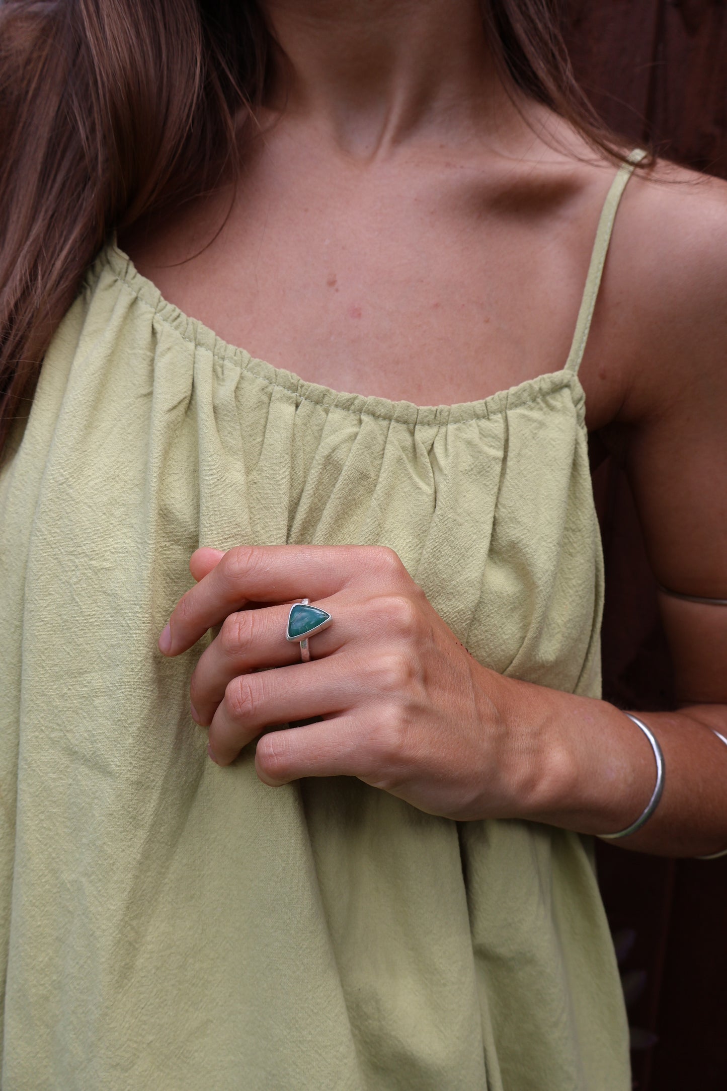 Green chrysoprase stone set in eco-friendly hammered sterling silver ring, boho jewelry.