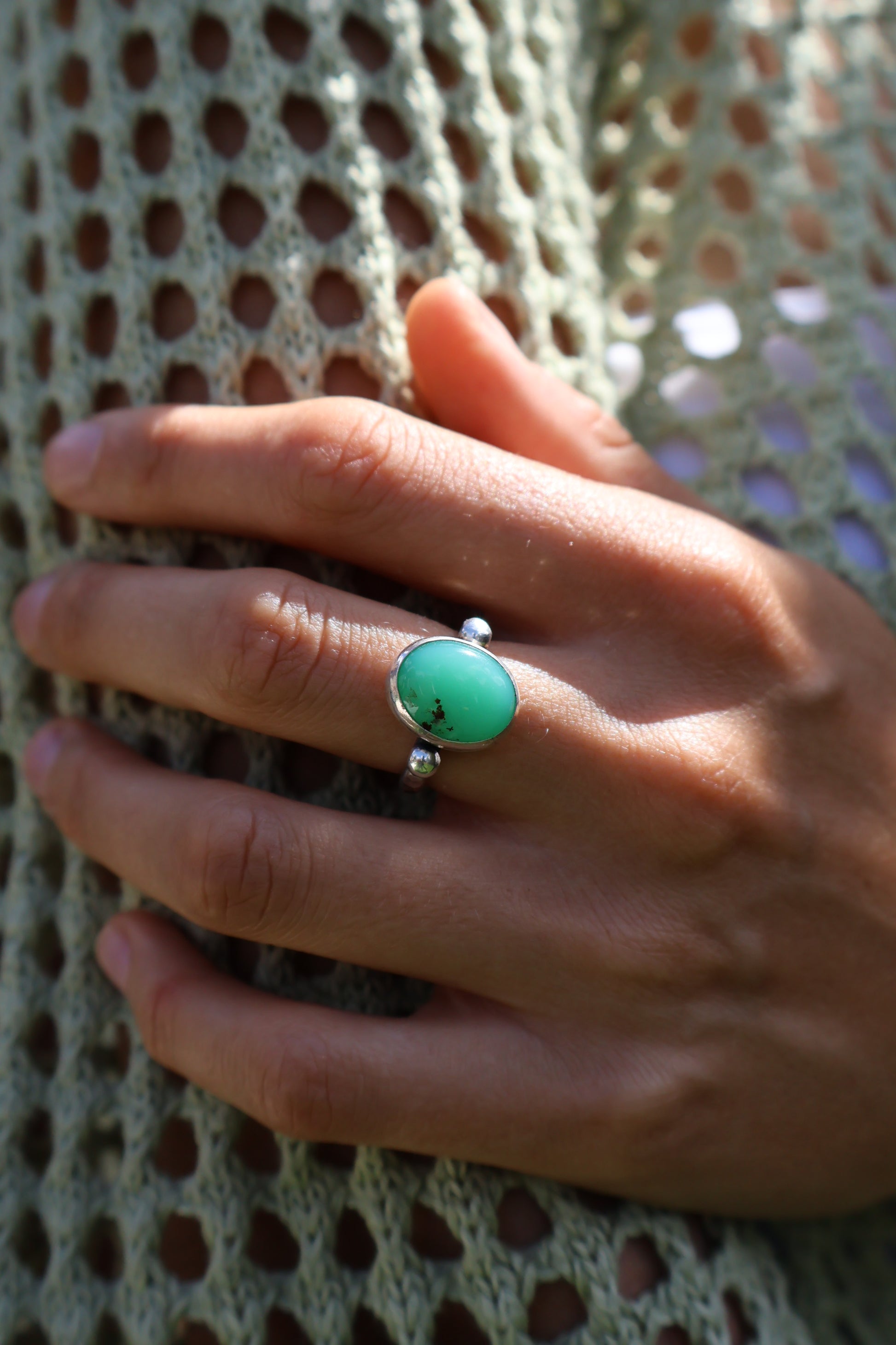 Eco‑style hammered silver ring with round natural chrysoprase gemstone