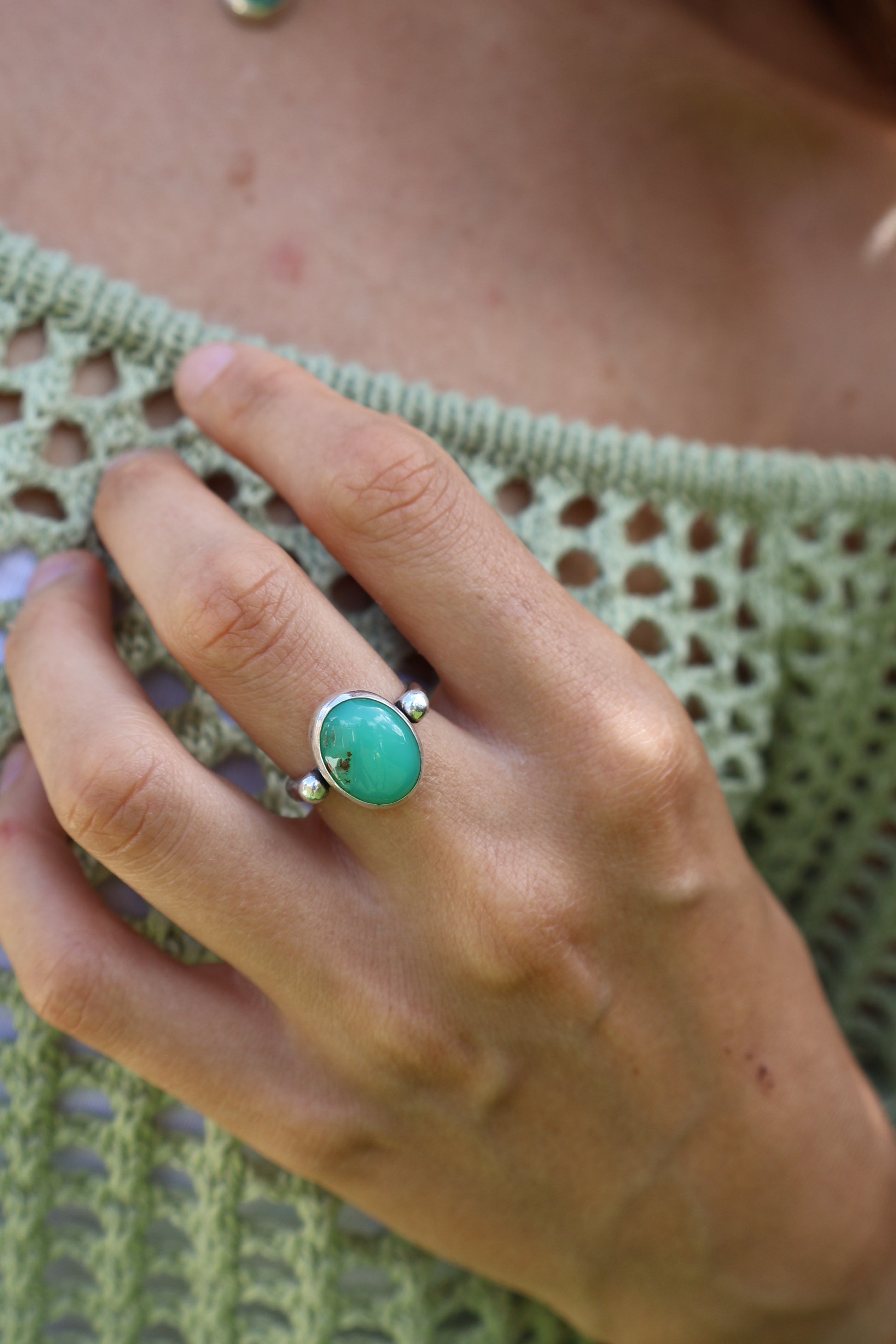 Handmade bohemian chrysoprase ring in hammered sterling silver band