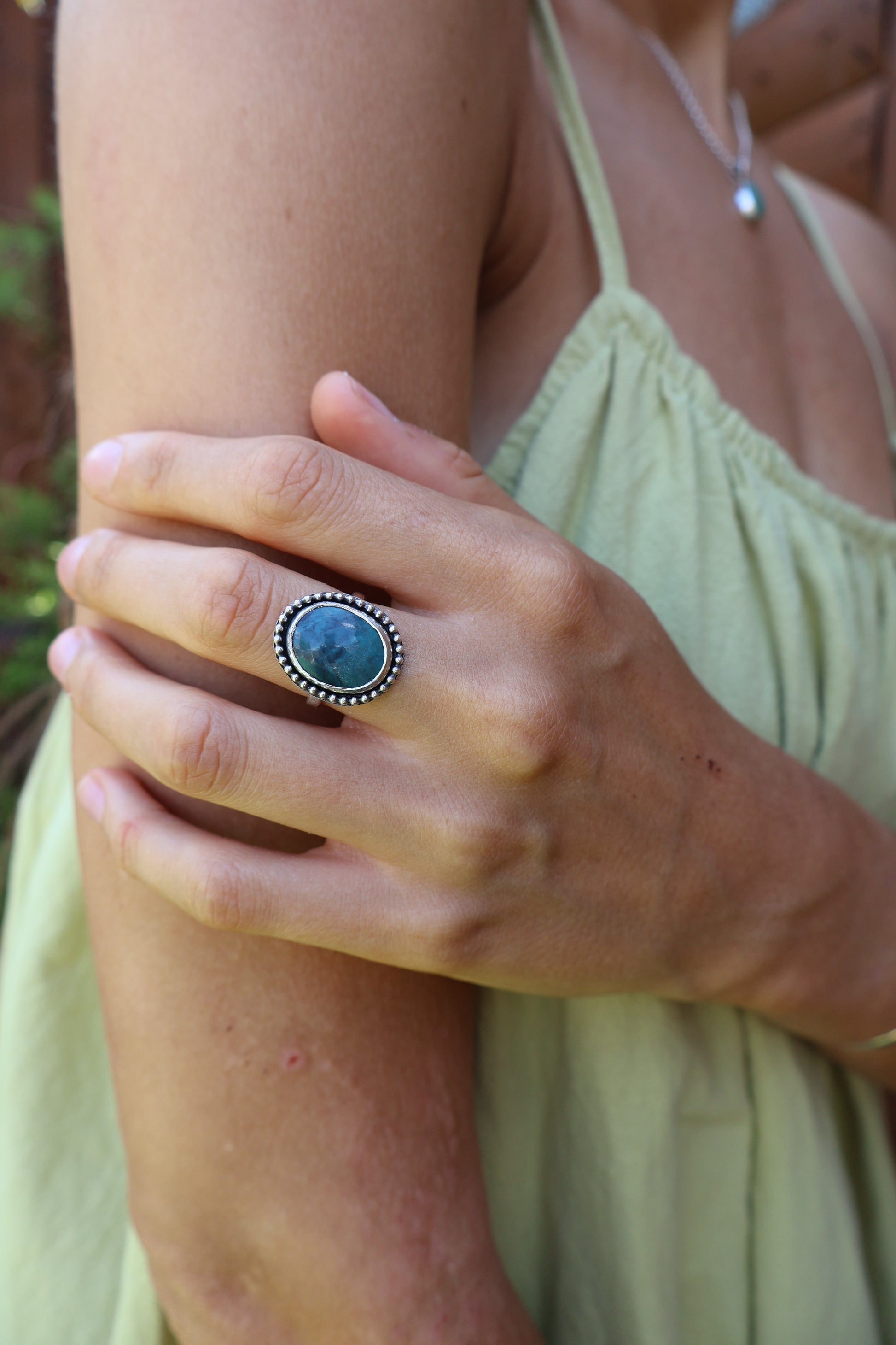 Bohemian sterling silver ring featuring bright Hubei turquoise daisy motif